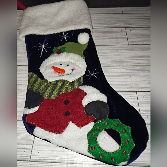 Christmas Holiday Vintage Stocking Sock Snowman In Beanie & Wreath Hanging Decor - Picture 4 of 8